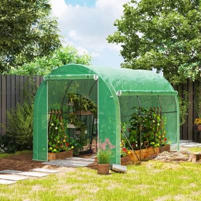 Outsunny Estufa Tipo Túnel 296x196x200 cm Estufa de Jardim com 3 Portas e 6 Janelas Enroláveis Teto Curvo para Cultivo Verde