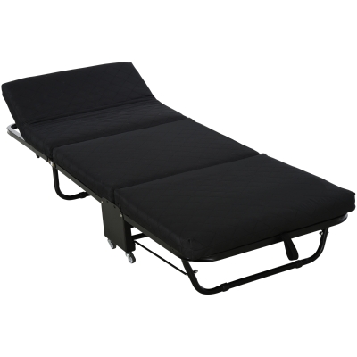 HOMCOM Cama Abatible 184x65 cm con Cabecera Ajustable Ruedas Universales y Estructura de Metal Carga Máx. 120 kg Negro