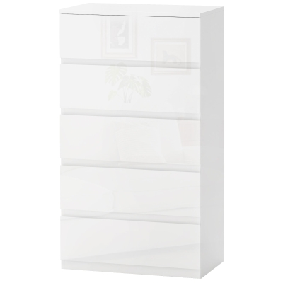 HOMCOM Commode Moderne 5 Tiroirs Bois Blanc Brillant