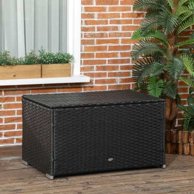 Outsunny Coffre Jardin Rotin Noir 95x60x53cm Acier Couvercle