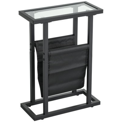 HOMCOM Table d'Appoint Métal Verre Trempé avec Porte-Revues Noir
