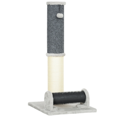 PawHut Poste Rascador para Gatos Arañador de Sisal con Cepillo de Auto Acicalado y Bola de Juguete 40x48x85 cm Gris y Crema