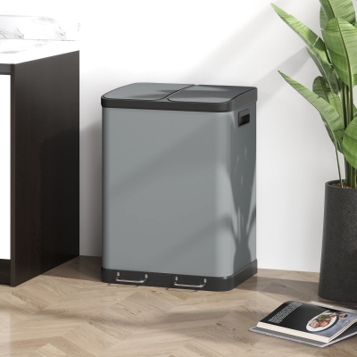 HOMCOM Poubelle Double 2x30L Pédale Bacs Amovibles Gris