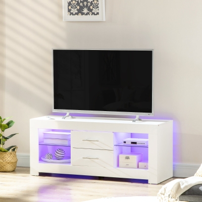 HOMCOM Meuble TV 55" LED 12 Couleurs Télécommande Bois Verre Blanc