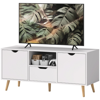 HOMCOM Meuble TV 50" Blanc Bois avec Tiroir et Armoires