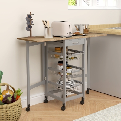 HOMCOM Chariot Cuisine Bois Métal 3 Paniers Tiroir Gris