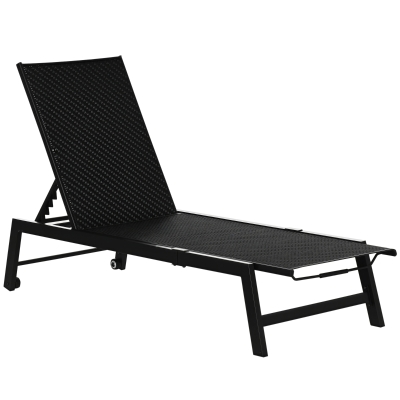 Outsunny Chaise Longue Rotin Roues Aluminium Noir