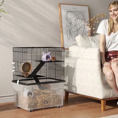 PawHut Cage pour Hamsters 3 Étages avec Roues, 2 Plateformes, Rampes, Bol et Bouteille, 58x43x74 cm, Noir