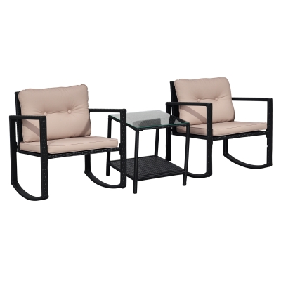 Outsunny Ensemble de jardin 3 pièces style cosy 2 fauteuils à bascule avec coussins assise dossier + table basse en verre trempé cadre en acier résine tressée imitation rotin noir et marron