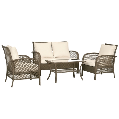 Outsunny Salon de jardin 4 places 4 pièces style colonial table basse coussins beige inclus résine tressée marron clair