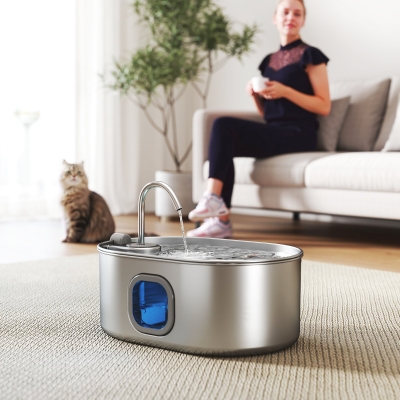 PawHut Distributeur Eau Chat 7L Acier Inox LED Argent