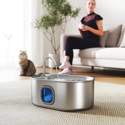 PawHut Distributeur Eau Chat 7L Acier Inox LED Argent