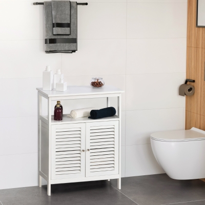 kleankin Meuble Salle de Bain Blanc MDF 2 Étagères et Armoire