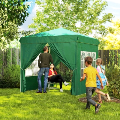 Outsunny Tenda Dobrável Pop-Up 248x248x270 cm com 4 Paredes Laterais Anti-UV Altura Ajustável e Bolsa de Transporte Verde Escuro