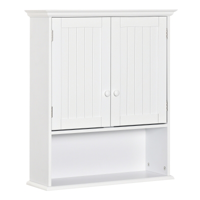 kleankin Armario Baño de Pared con 2 Puertas Estante Interior Ajustable y Compartimento Abierto Mueble Auxiliar Suspendido Multiusos para Cocina 60x20x70,5 cm Blanco