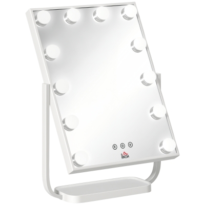 HOMCOM Espelho de Maquilhagem Espelho de Mesa com 12 Luzes LED 3 Temperaturas de Cores Ecrã Tátil Ajustável e Função de Memória para Dormitório Casa de Banho 32,8x11x47,4cm Branco