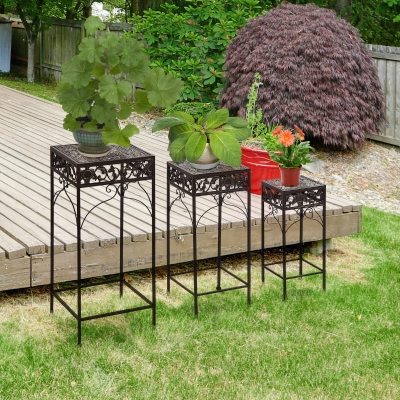 Outsunny Ensemble 3 Tabourets Support Plantes Fer Marron