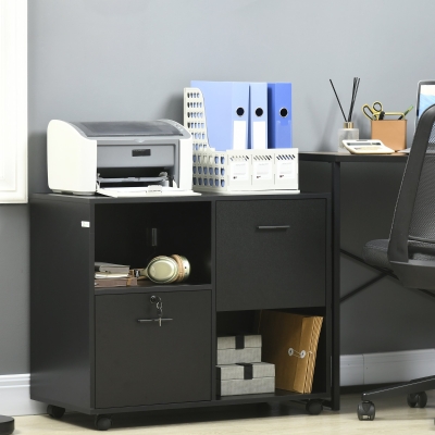 Vinsetto Meuble Bureau Noir 2 Tiroirs Roulettes Verrou 80x40x66cm