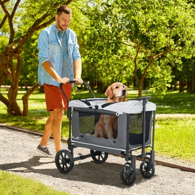 PawHut Chariot pour chiens Hundebuggy pliable pour chiens & chats jusqu'à 30 kg 110 x 65 x 102 cm Gris foncé