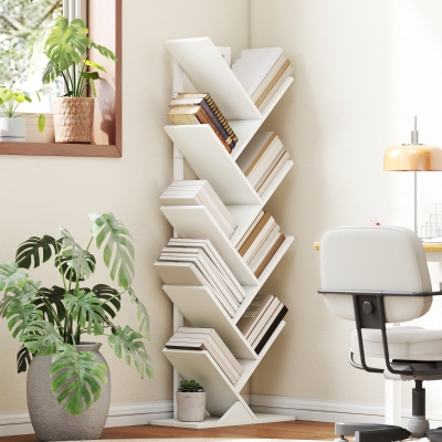 HOMCOM Estante em Forma de Árvore de 9 Níveis Estante de Livros com 9 Prateleiras e Estrutura de Aço 50x24x136 cm Branco
