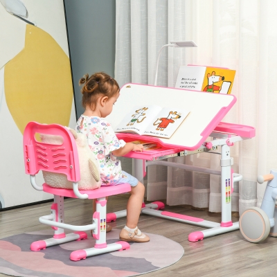 HOMCOM Bureau Enfant 6-12 Ans avec Chaise, Tiroir, Lumière Rose