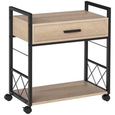 HOMCOM Beistelltisch Servierwagen mit Rädern Küchenwagen Kaffeetisch mit Schublade Ablage Sideboard beweglich Spanplatte Natur 60 x 30 x 65 cm