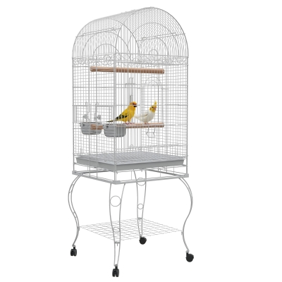 PawHut Jaula de Pájaros con Ruedas Jaula de Aves Exterior con Bandeja Extraíble Rejilla 2 Cuencos Percha 51x51x153 cm Blanco