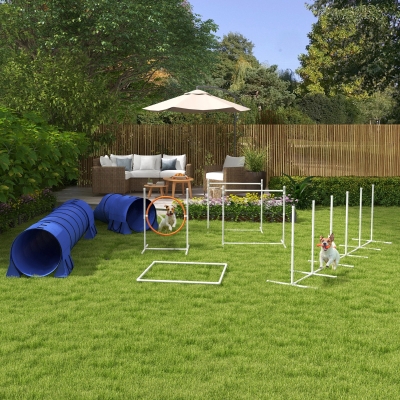 Ensemble d'Agilité pour Chiens PawHut, 7 Pièces : 1 Cerceau, 2 Tunnels, 2 Haies, 321 cm x 63 cm x 93 cm, Bleu + Rouge+ Blanc