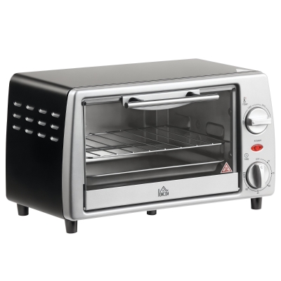 HOMCOM Horno Eléctrico de Sobremesa 10 Litros 750W Mini Horno Tostador con Temperatura hasta 230 ℃ Temporizador 60 Minutos Bandeja y Rejilla 36,5x26x22 cm Plata