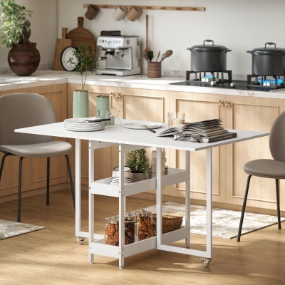 HOMCOM Table à manger pliante design industriel, pour jusqu'à 4 personnes, étagères ouvertes, flexible, Métal, Panneau de particules, Blanc