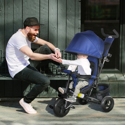 HOMCOM Tricycle Enfant Métal Bleu Foncé avec Panier et Capote