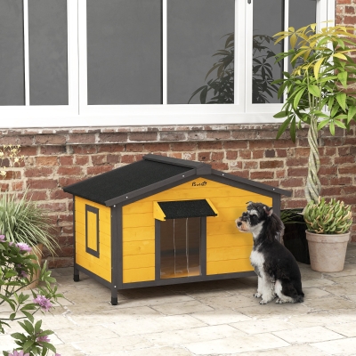 PawHut Caseta pour Chiens Extérieure avec Toit en Asphalte Pliable Fenêtres et Base Amovible 97x72x65 cm Bois Naturel