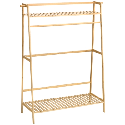 HOMCOM Perchero de Pie de Madera de Bambú para Ropa con 2 Estantes 2 Ganchos y Barra para Colgar 114x40x139 cm Natural