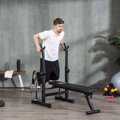 HOMCOM Banc de Musculation Pliable avec 8 Hauteurs Réglables et Support de Barres en Acier et PU, 140x73x98-122 cm, Noir