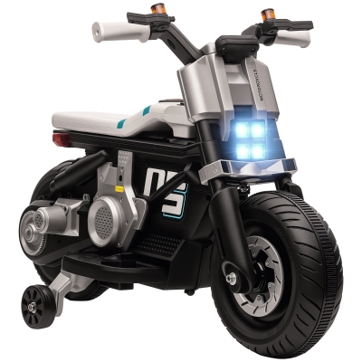 HOMCOM Mota Elétrica Infantil 6V com Farol Música Buzina Velocidade 3km/h Avance e Retrocesso 86x44x58cm Preto e Branco