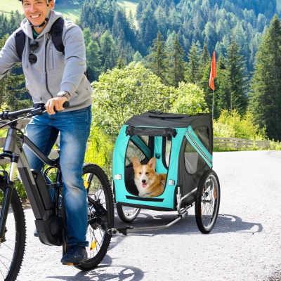 PawHut Remorque pour Animaux, Remorque pour Chien, Remorque à Vélo, Pliable, Housse de Pluie, Acier, Gris+Vert, 130 x 73 x 90 cm