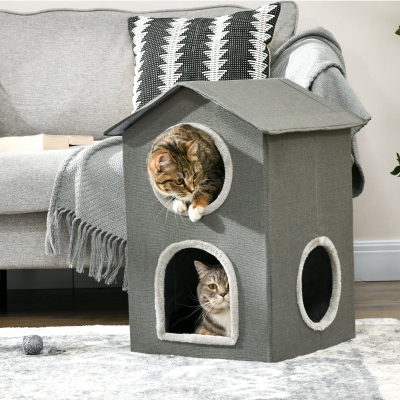 PawHut Maison Chats 2 Niveaux, Coussins Lavables, Gris 42x46x59.5 cm