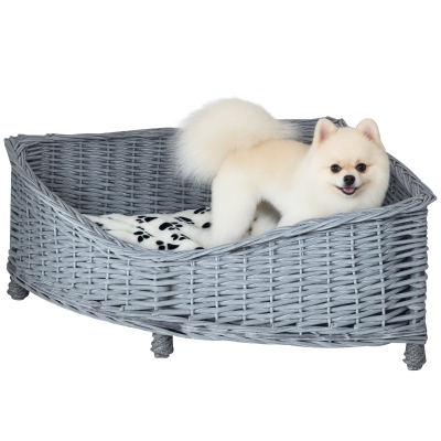 PawHut Hundesofa aus Ratten Haustierbett für kleine Katzen und Hunde Haustiersofa Katzensofa Weichem Bezug Eck Hundebett Hundecouch Weide Plüsch Grau 68 x 68 x 32 cm
