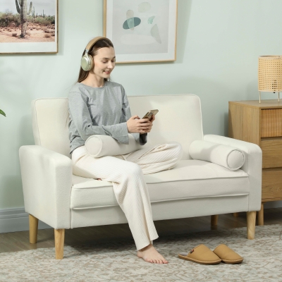 HOMCOM Sofá de 2 Lugares Estofado em Veludo com Assento Capitonê e Pés em Madeira para Espaços Pequenos 130x74,5x82 cm Creme