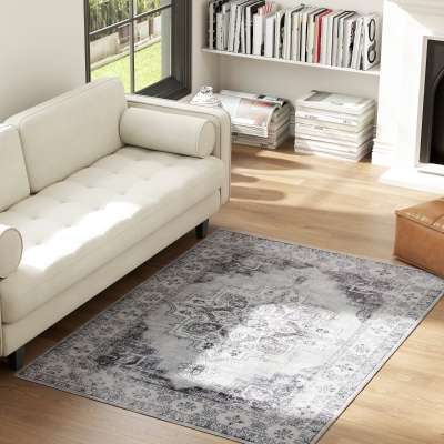 HOMCOM Vintage Floral Non-Slip Washable Rug 170x120cm Grey