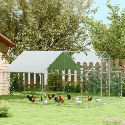 PawHut Poulailler, Enclos extérieur pour poules, avec bâche résistante aux UV, treillis en acier, distributeur de nourriture, pour 12-18 poules