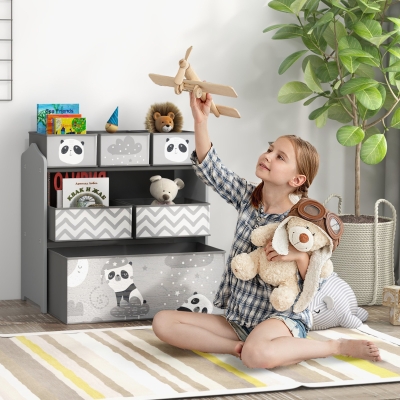 ZONEKIZ Étagère Enfant 6 Bacs Amovibles Tissu Gris 63x30x66cm