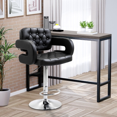 HOMCOM Tabouret de Bar Haut avec Dossier et Accoudoirs, Pivotant avec Hauteur Réglable et Repose-Pieds, Simili Cuir Noir