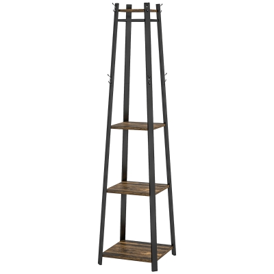 HOMCOM Portemanteau Pied 8 Crochets 3 Étagères Marron 34x34x170cm