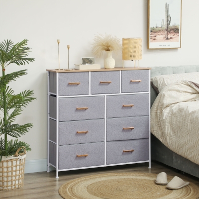HOMCOM Commode Moderne 9 Tiroirs Tissu Gris 100x30x99 cm