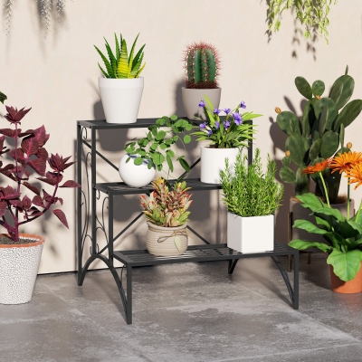 Outsunny Étagère Plantes Métal Noir 3 Niveaux Intérieur Extérieur