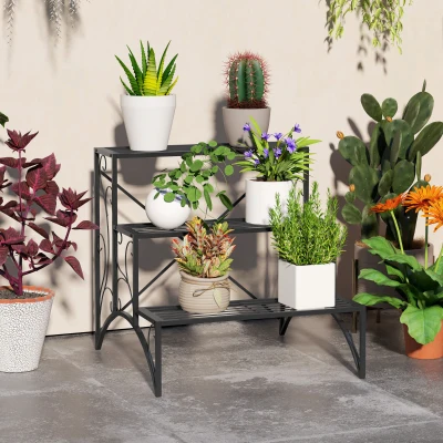 Outsunny Étagère Plantes Métal Noir 3 Niveaux Intérieur Extérieur