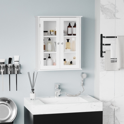 kleankin Armoire Salle de Bain Bois Verre 2 Portes Blanc 55x65 cm