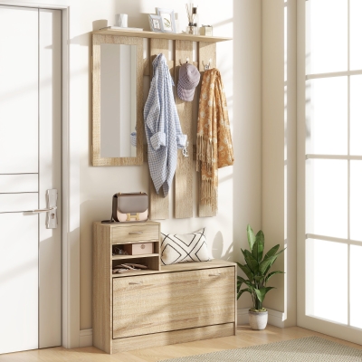 HOMCOM Portemanteau 3 en 1 Bois Chêne avec Miroir et Rangement
