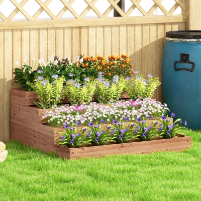 Outsunny Lit de Jardin Surélevé Bois 4 Niveaux 113x113x46cm Marron